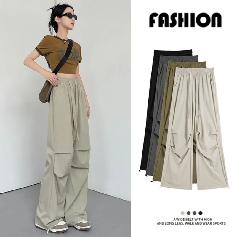 American Retro High Street Cargo Pants Women Casual Baggy High Waist Sweatpants Female Drawstring Y2K All Match Fold Trousers