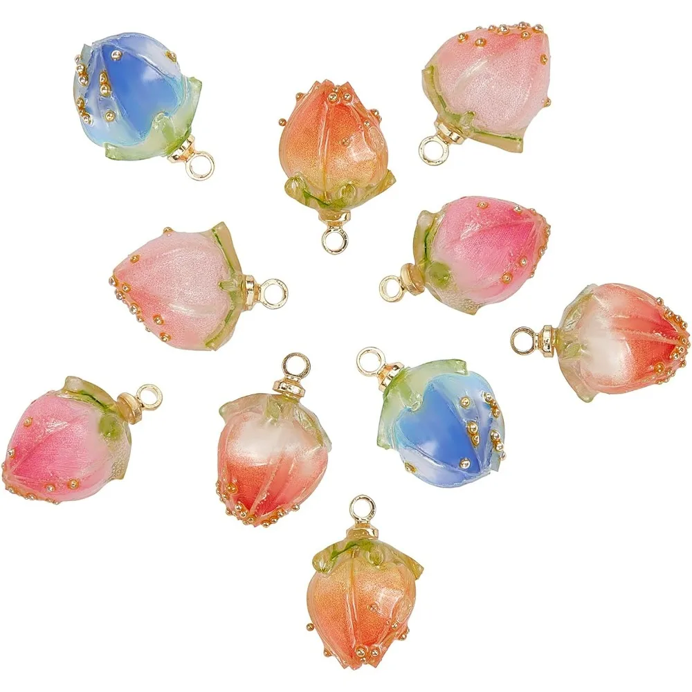 1 Box 10Pcs 5 Styles Dried Flower Charms Transparent Clear Epoxy Resin Pendants with Brass Hole 1.2mm Glass Micro Beads for DIY