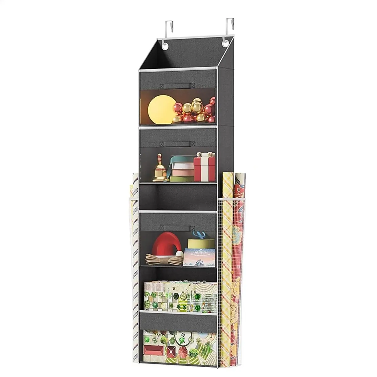 2025+ Over Door Wrapping Paper Organizer Storage with 3 Removable Drawers & Side Pockets - Dual Use Design with Elastic Straps
