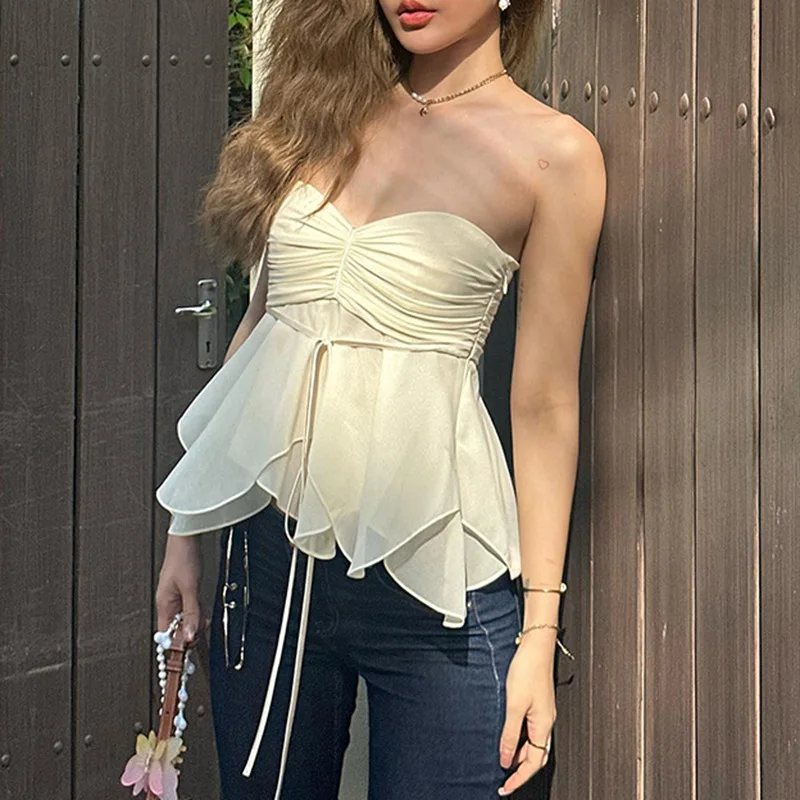 

Summer New Fashion Sweet Bow Knot Pile Sleeves Sexy Mesh Back Hollow Tether Hanging Neck T-Shirt for Women Stitching Top Women