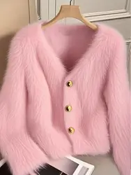 2024 Winter High-End Pink Coat Women Long Sleeve Cropped Cardigan V Neck Casual Office Lady Cashmere Soft Sweater Jacket Korean