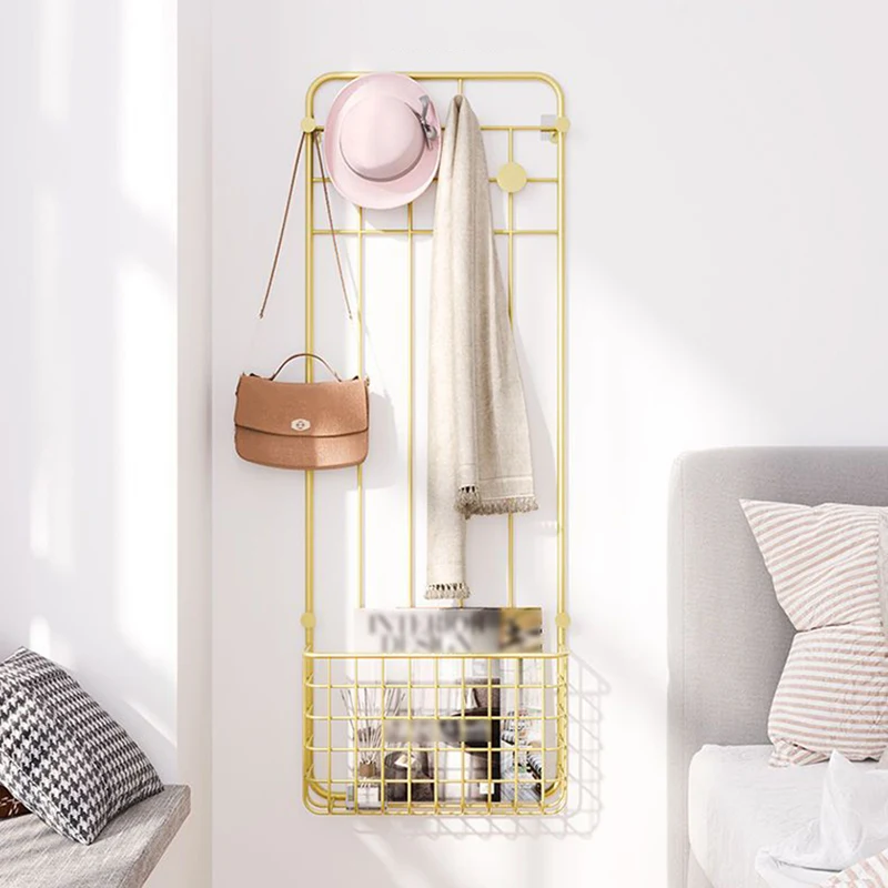 Nordic Bedroom Iron Storage Rack Creative Home Coat and Hat Rack Wall Hanging Perforation-Free Wall Hangers Living Room Shelf