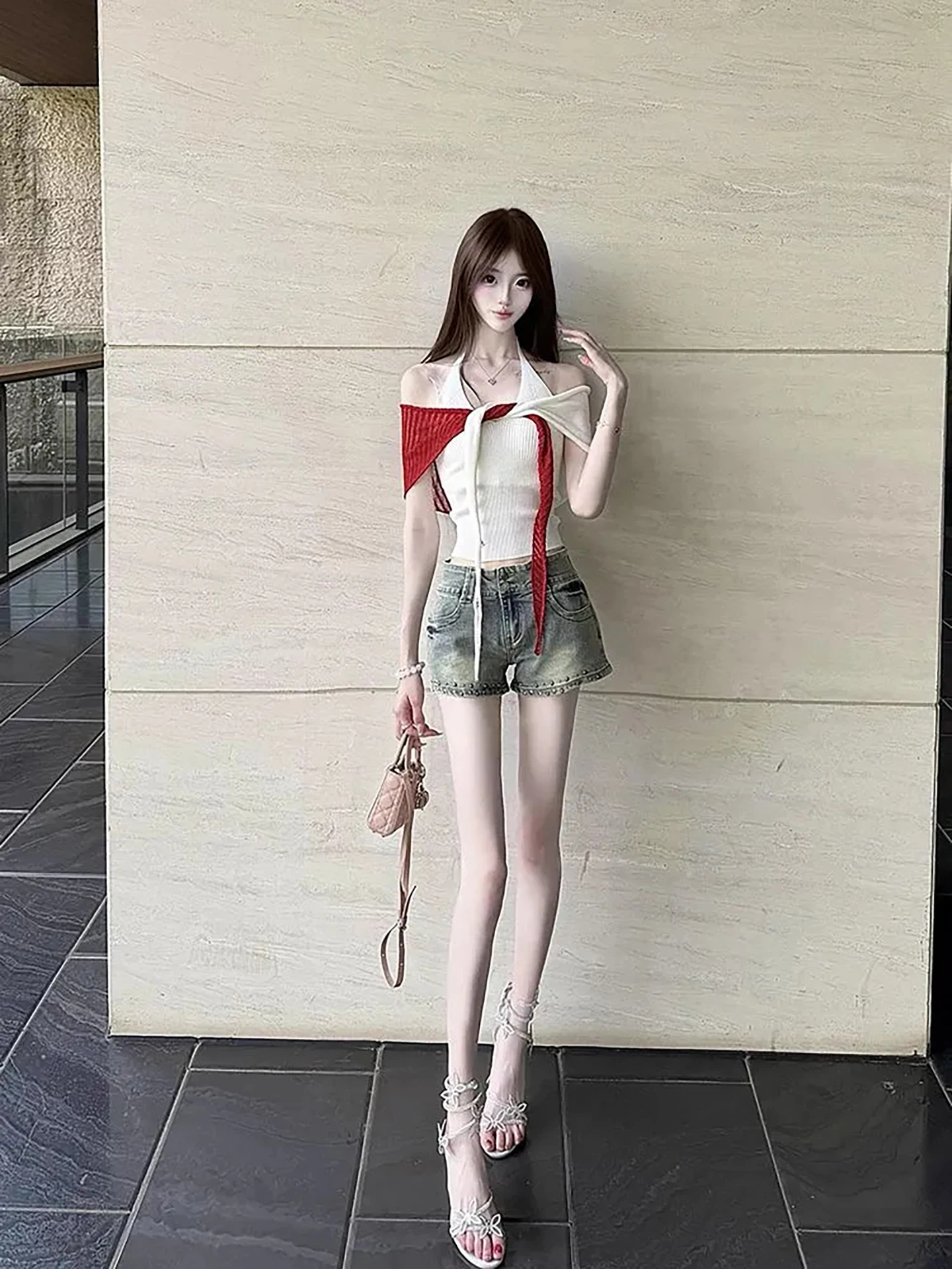 

Summer New Style Women's Date Outfit Red White Shawl Neck Hanging Backless Vest Two-Piece Set Elegant Casual High Waist Long ...
