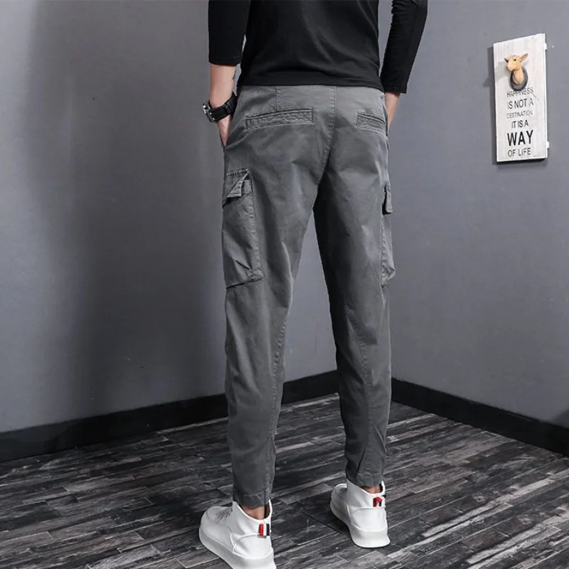 Chaopai Fashion Solid Color Multiple Pockets Men's Cargo Pants High Quality Button Slim Straight Cylinder Male Trousers