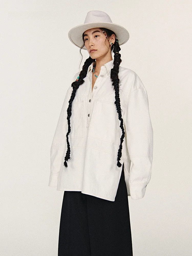 

INFFTRU2025 Autumn New Denim irt Casual Simple Wide-Leg Classic Women's Cotton Long Sve Collar Button-Up irt