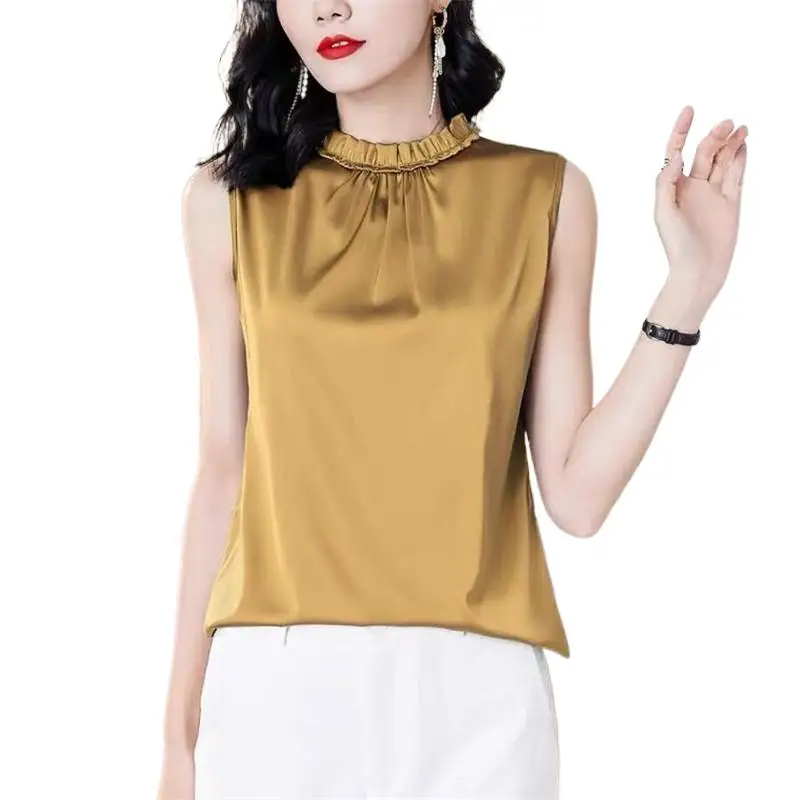

Korean sweet elegant versatile ice silk shirts Plus size lotus leaf collar Acetate satin Vest Tops office lady chiffon tanks