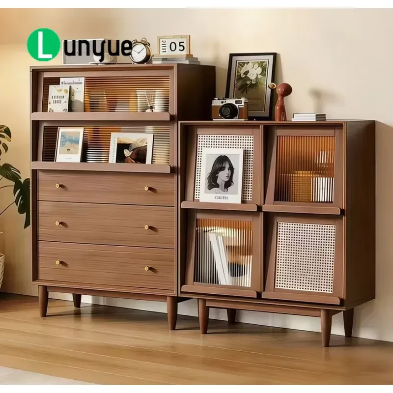 Solid Wood Wall Mounted Dining Side Cabinet Walnut Color Storage Cupboard For Living Room Bedroom Tea Organization Space