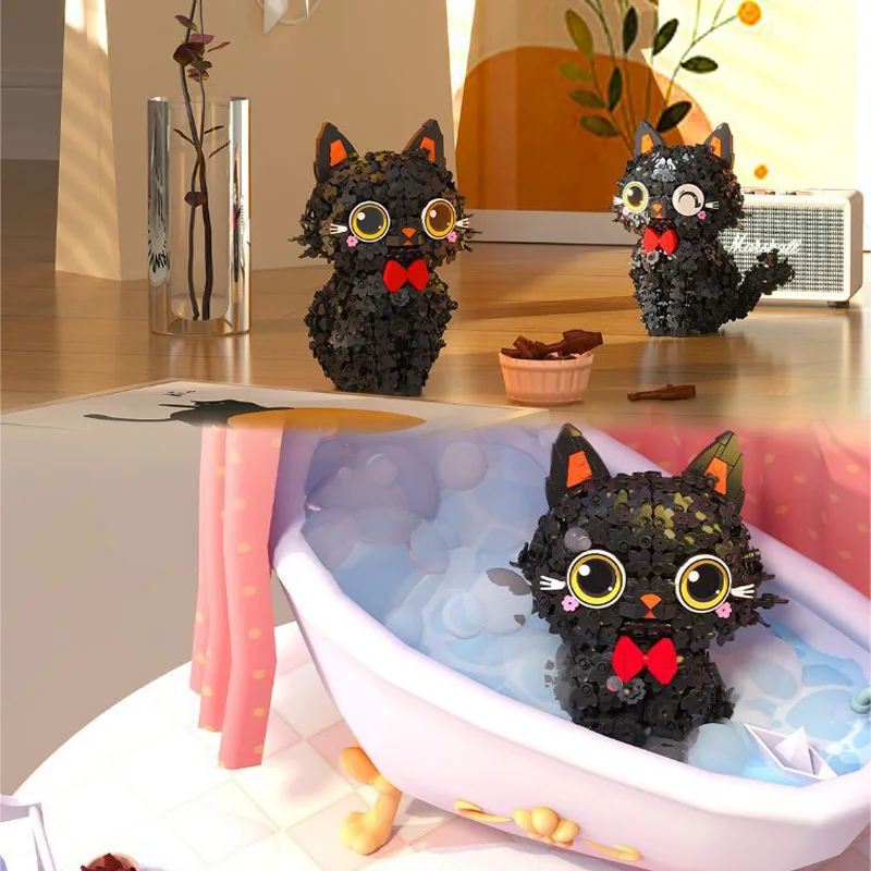 Kreative Schwarze Blume Katze Nette Haustier Blossom Puss Bausteine Hause Desktop Dekoration DIY Mini Ziegel Spielzeug Für Kinder Geschenk