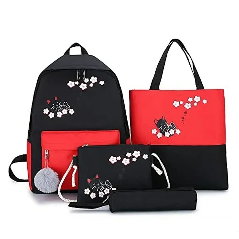 4Pcs Woman Laptop Backpack Ribbons School Backpacks Cute Cat Schoolbag for Teenagers Girls Student Book Bag Female Satchel