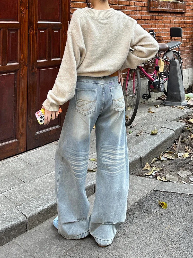 

Свободные широкие синие джинсы для женщин, повседневные прямые брюки в корейском стиле с высокой талией, вышитые джинсовые штаны