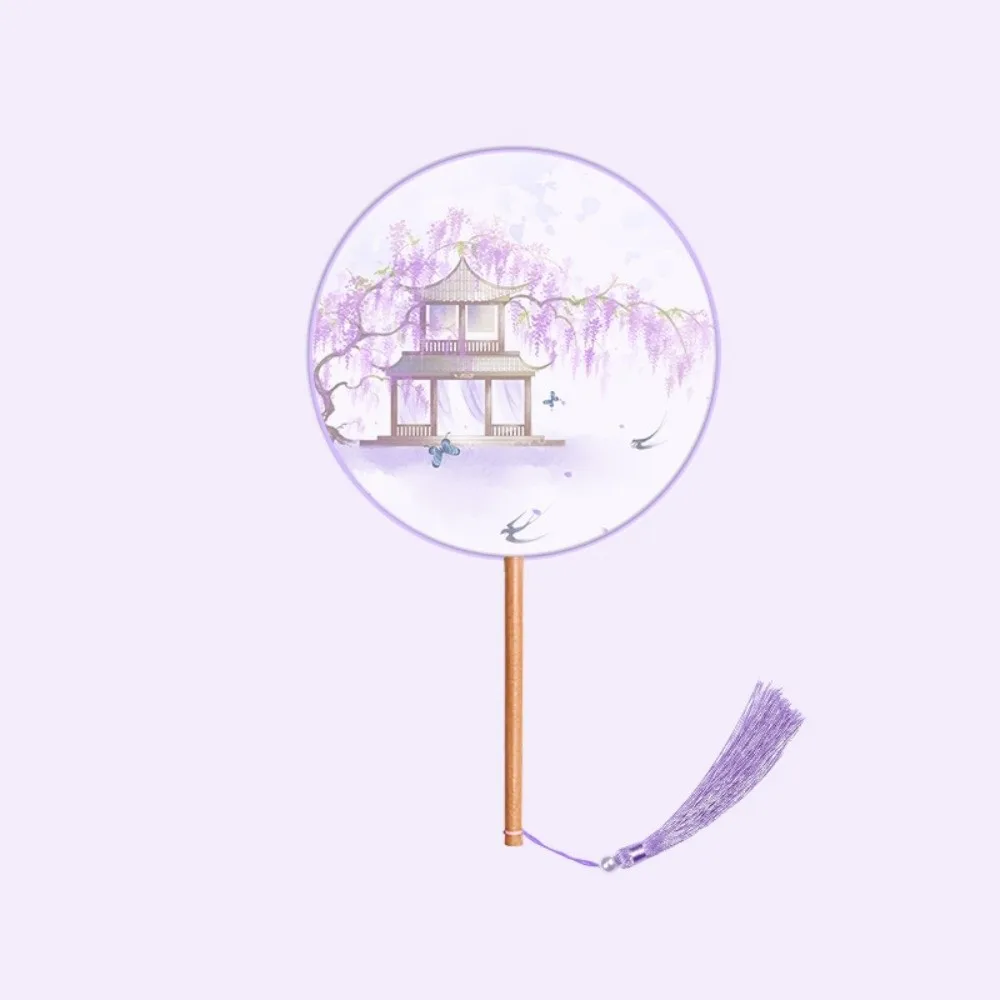 Silk Material Chinese Round Hand Fan Long Handle Embroidery Design Ancient Tassel Dance Fan Ink Painting Round Shape