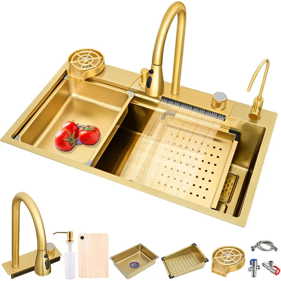 Stainless Steel Undermount Kitchen Sink With Pull-Out Faucet and Pressurized Cup Washer for Modern Kitchen 68x45x20cm Gold Fini