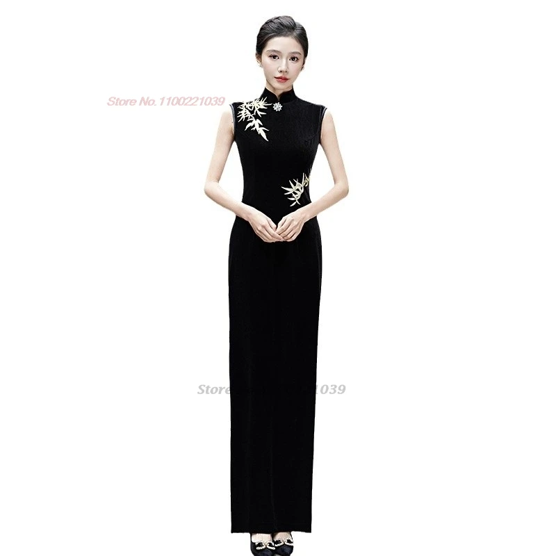 2026 chinese vintage dress velvet qipao traditional bamboo embroidery evening dress sleeveless cheongsam banquet stage dress