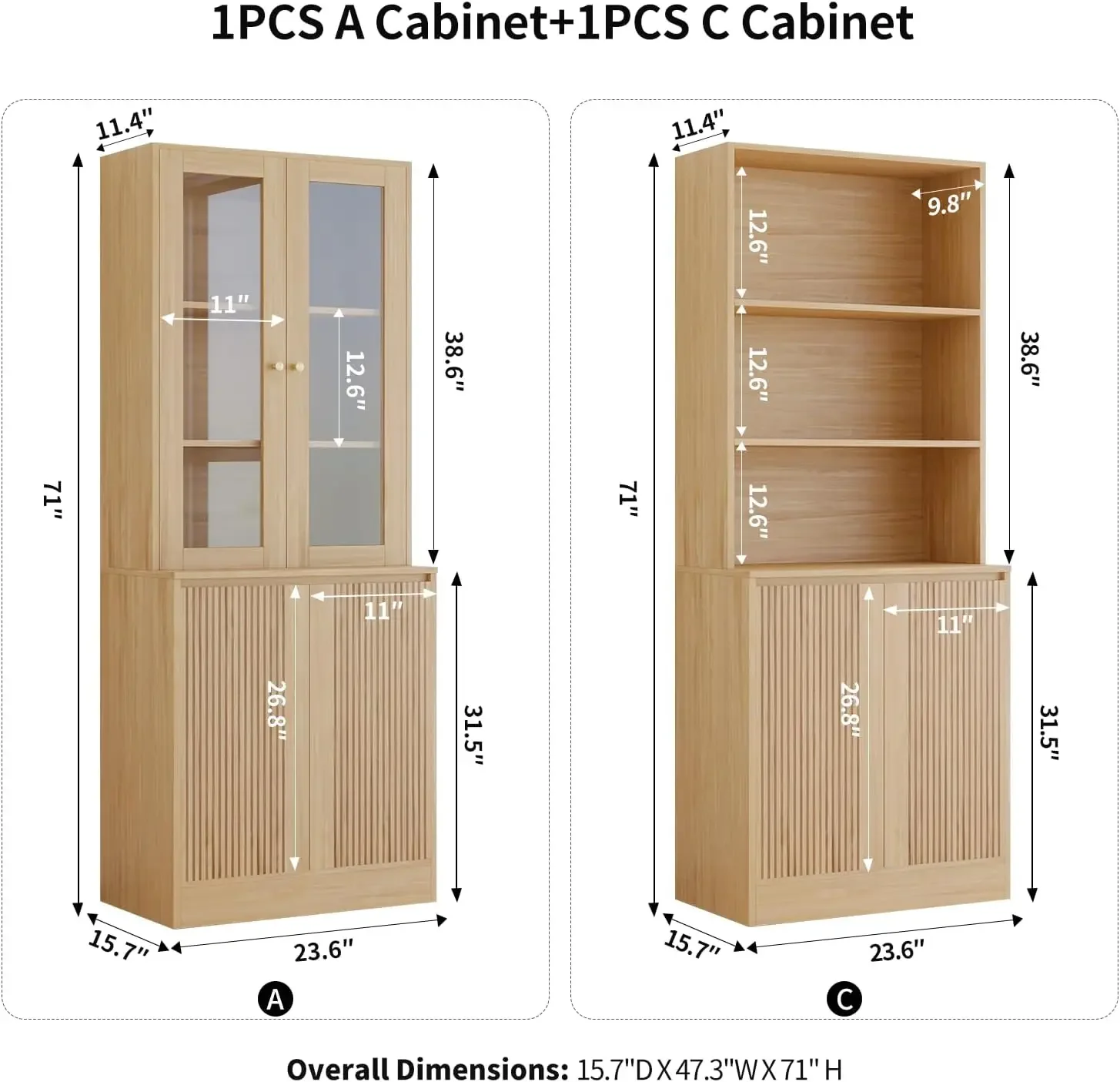 Wood Bookcase Cabinet, 71’’ Freestanding Tall Storage Cabinet with 2 Tempered Glass Doors, Modern Cupboard Large Floor Cabinet