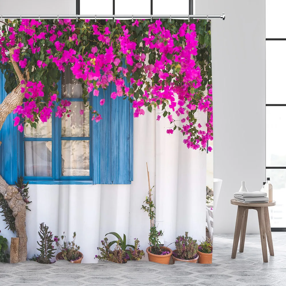 Greek Mediterranean Shower Curtain Purple Flowers Blue Door Window White Architecture Nature Landscape Bathroom Curtains Decor