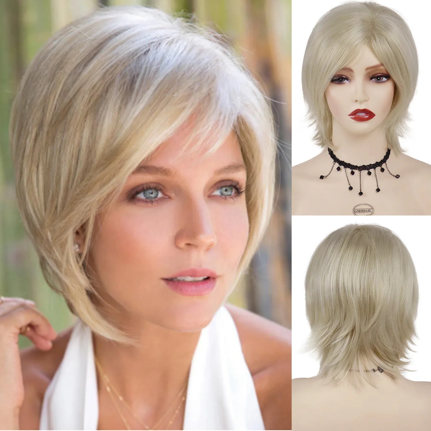 

Synthetic Blonde Wigs with Bangs Natural Wig for Women Short Bob Straight Hair Wigs Female Cosplay Halloween Costume Lady Wig