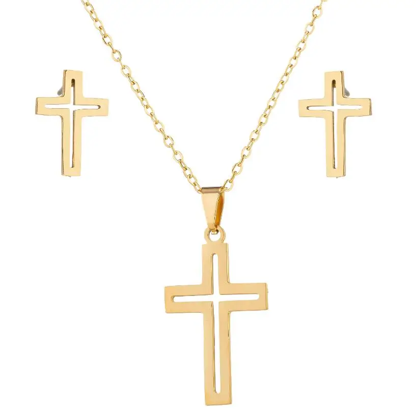 Punk Vintage Christian Jesus Cross Earrings And Necklace Jewelry For Women Surgical Steel Set Pendant Necklace Lot Accessories