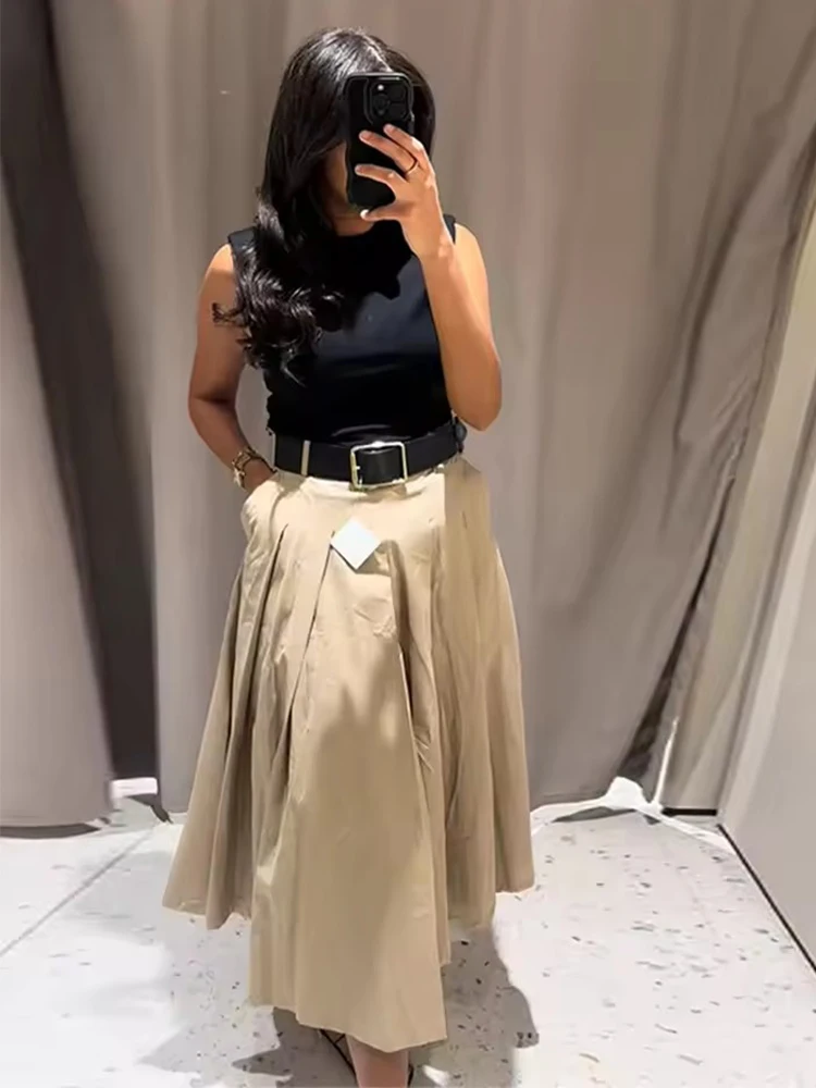 Moda retalhos plissado vestido longo com cinto feminino chique sem mangas tanque midi vestido senhora cintura alta vestidos de festa de férias