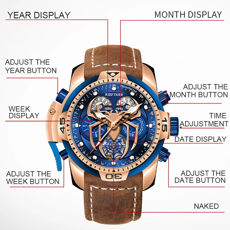 Reef Tiger/RT New Sport Men Automatic Watch Fashion Spider Dial with Year Month Date Complete Calendar Mechanical Watches