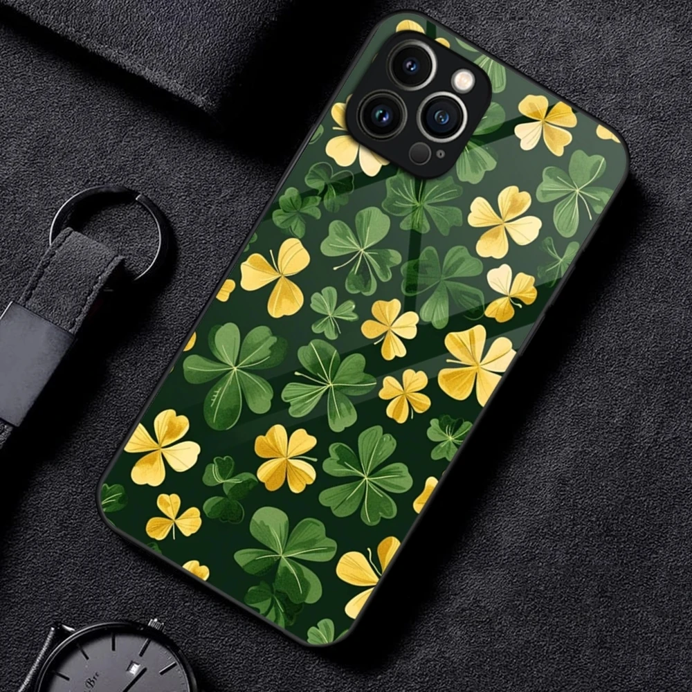 Lucky Four Leaf Clover Phone Case For iPhone 15 13 14 12 16 11 Pro XS Max Plus Mini X XR SE2020 Tempered Glass Coque