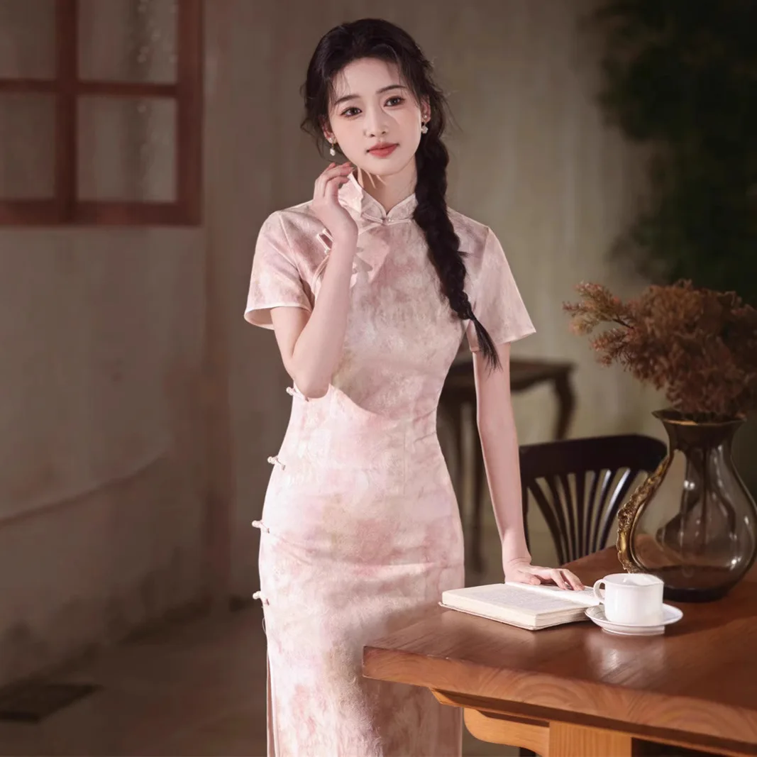 

Yourqipao 2023, летнее новое платье Cheongsam, розовое, серебряное, с короткими рукавами, длинное вечернее платье Cheongsam, китайская юбка Hanfu