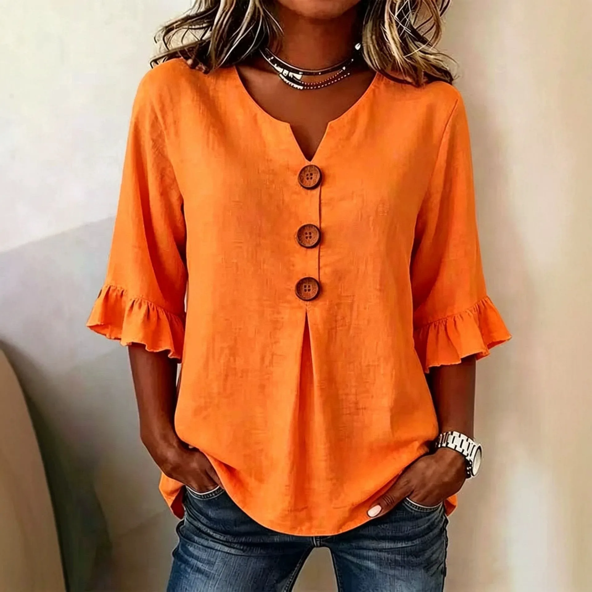 V Neck Button Front Blouse Regular Fit Casual with Short Sleeve Petal Sleeve Wrinkle Detail Pull on Regular Length Women Blouse 2