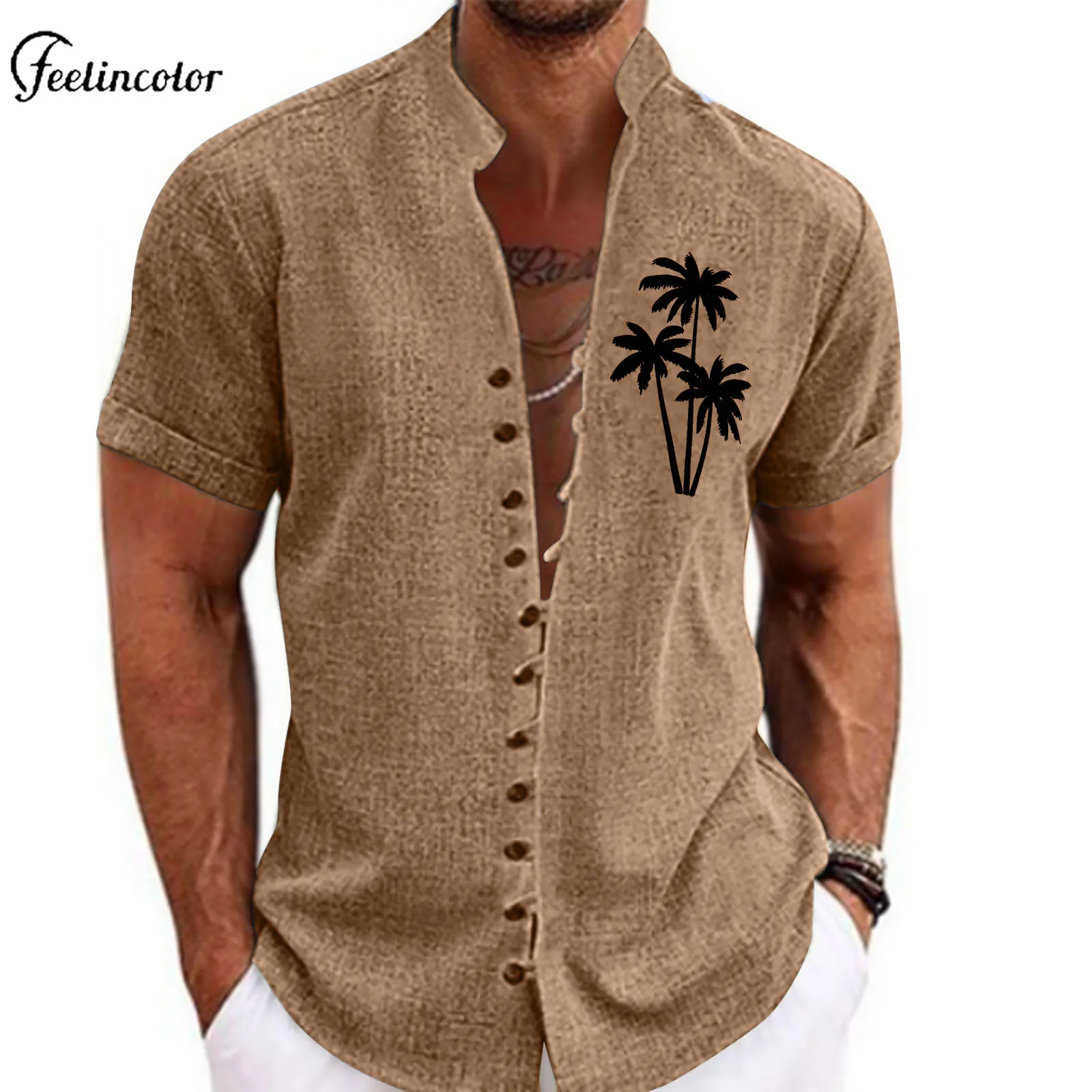 Casual Coconut Tree Print Men's Shirt Stand-up Collar Short Sleeved Tops Summer Holiday Beach Clothing Daily Shopping Streetwear - Image 4