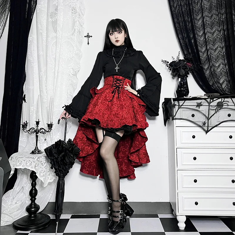 Y2k Aesthetic Streetwear Skirt High Waist Irregular Gothic Print Ball Gown Faldas Bandage Harajuku Ruffled Grunge Women Skirts