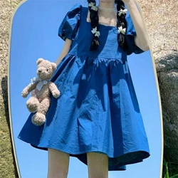 French Vintage Chic Puff Sleeves Mini Dress New Square Collar Loose Doll Off Shoulder Dresses Trendy Korea Sweet Women Clothing