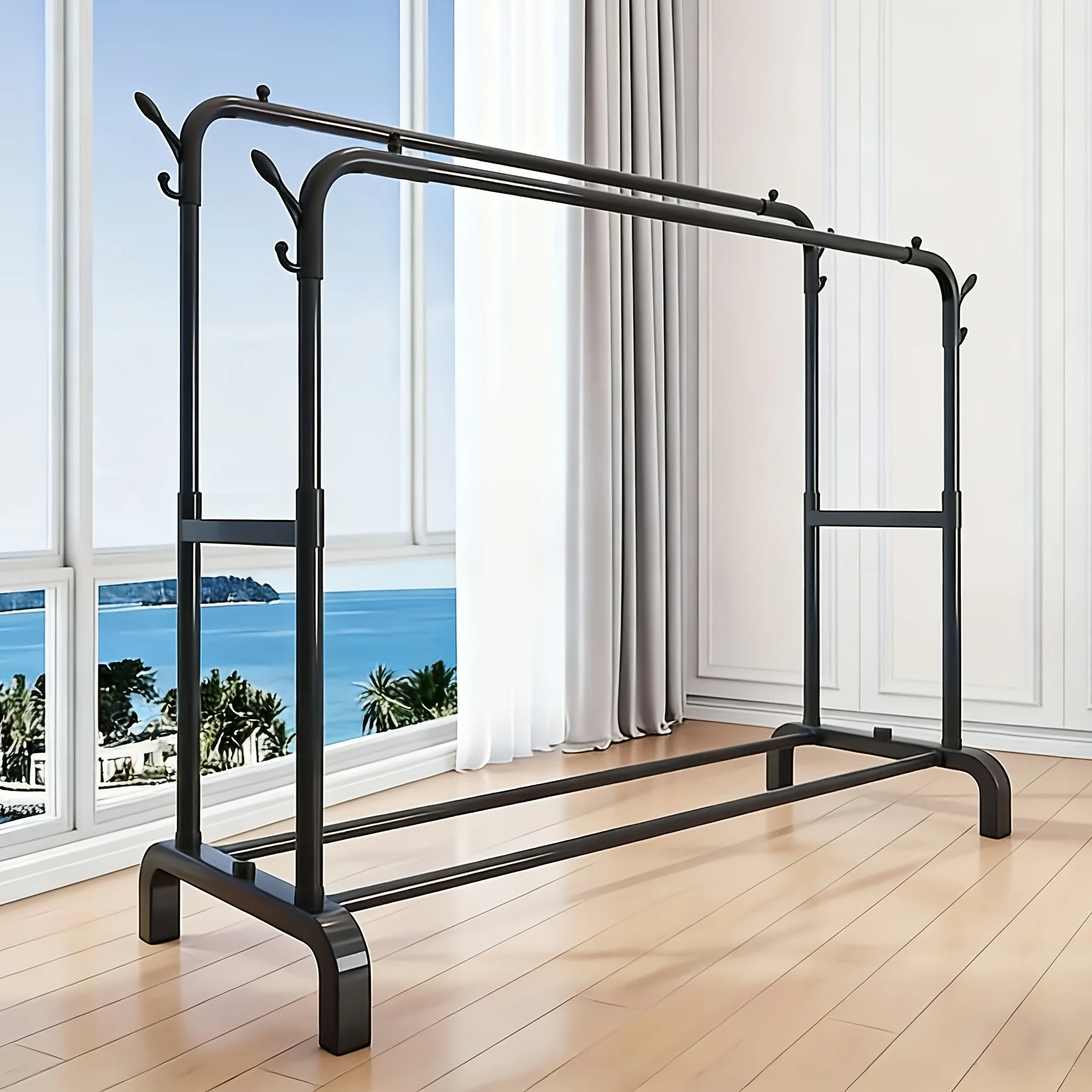 

1 прочная металлическая двухстоечная вешалка - большая вместимость, портативная многофункциональная вешалка, подходит для спален, гардеробных, бутиков.