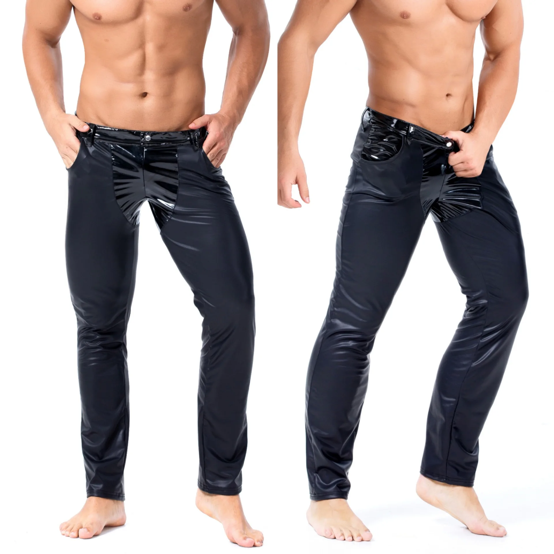 2026 Medias sexis de cuero PU para hombre, pantalones ajustados con aspecto húmedo, pantalones de tiro bajo para fiesta en club nocturno para hombre