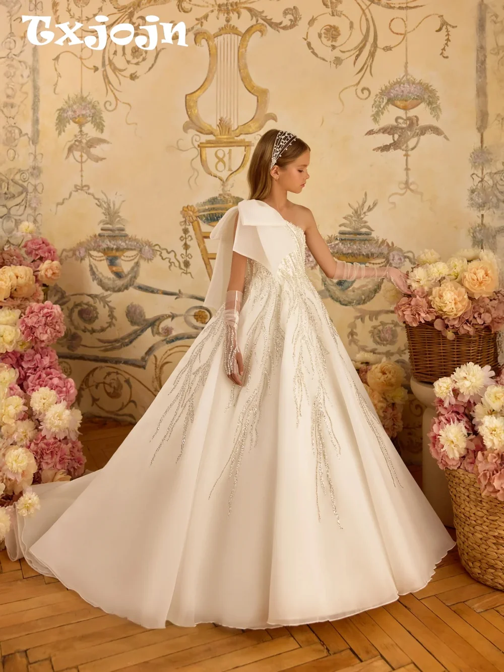 Luxury Beaded Flower Girls Dresses For Wedding Fashionable One ShoulderA-line Floor-length Princess Gown Kids Performance Wear