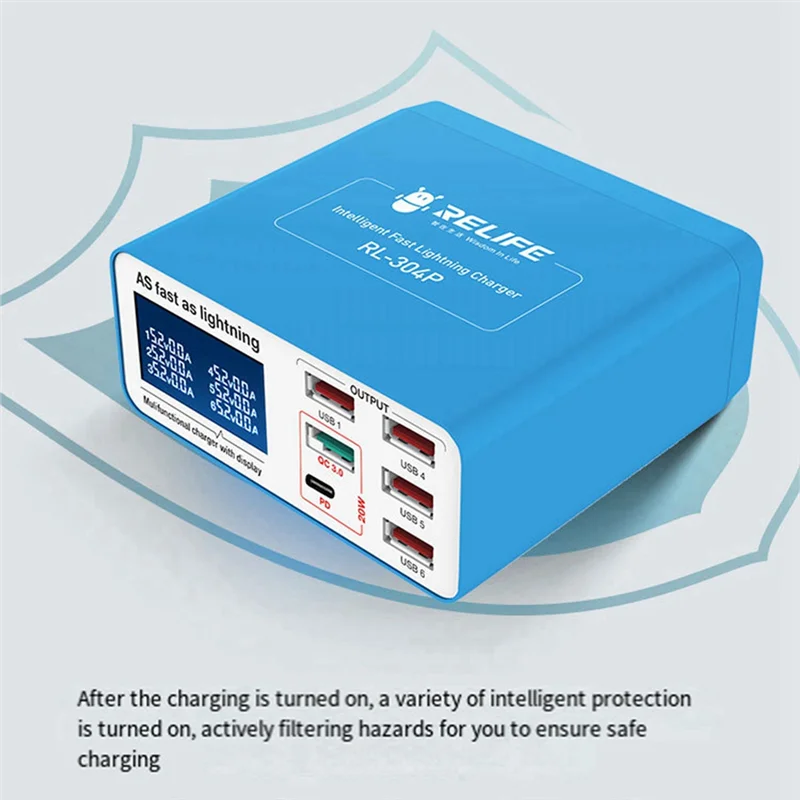 A34M-RELIFE RL-304P الذكية 6-Port USB شاشة ديجيتال البرق نمط شاحن PD3.0 + QC3.0 لجميع الهواتف المحمولة الولايات المتحدة التوصيل
