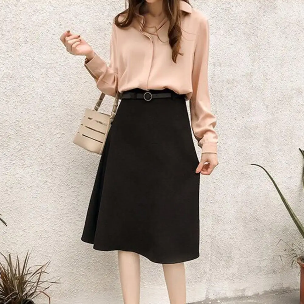 Women Office Shirt Solid Color Long Sleeve Turn-down Collar Top Chiffon Temperament Single Breasted Blouse for Office