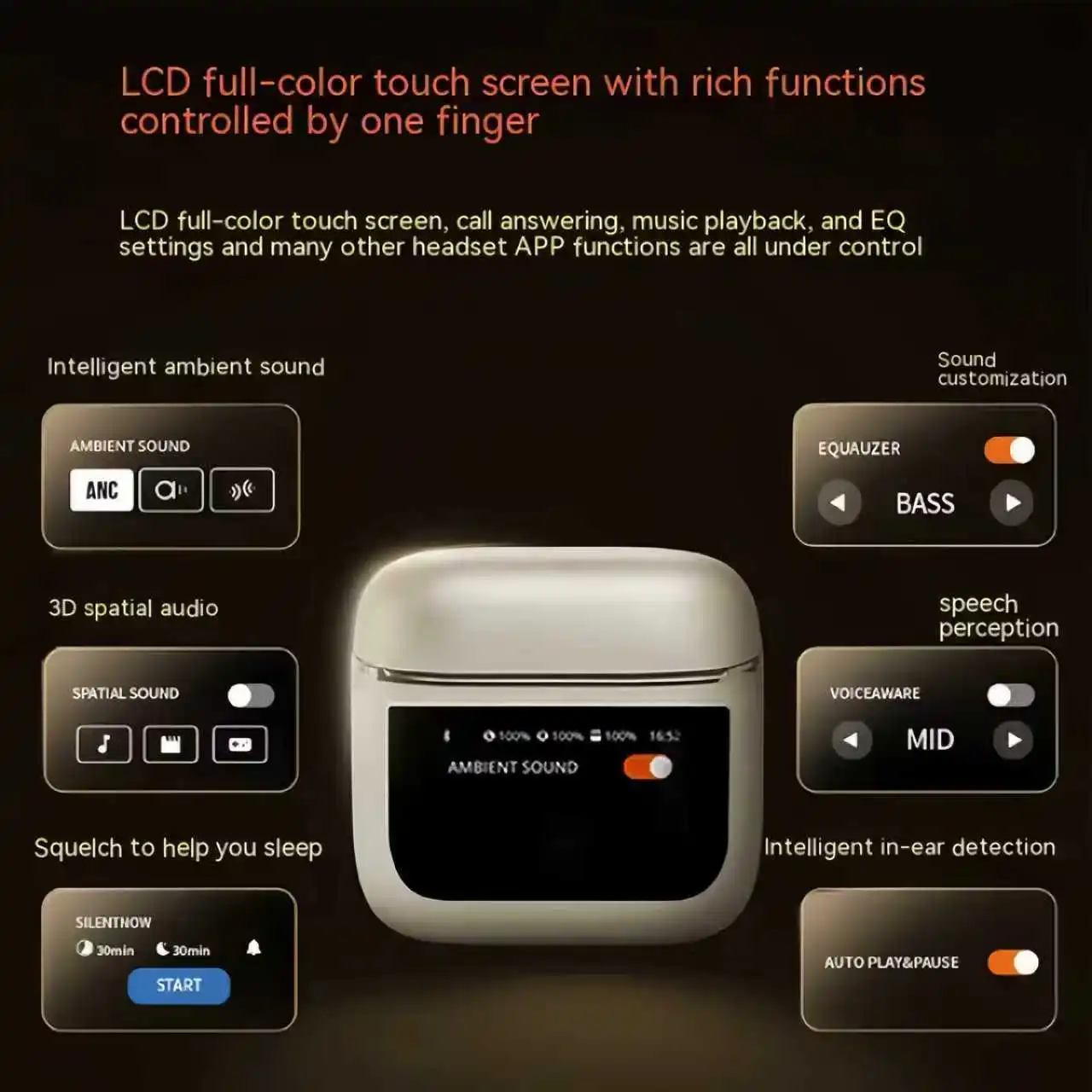 Auriculares inalámbricos Bluetooth 5,3 pantalla táctil LED multifuncional sonido estéreo intrauditivo impermeable con graves grandes 30H de reproducción