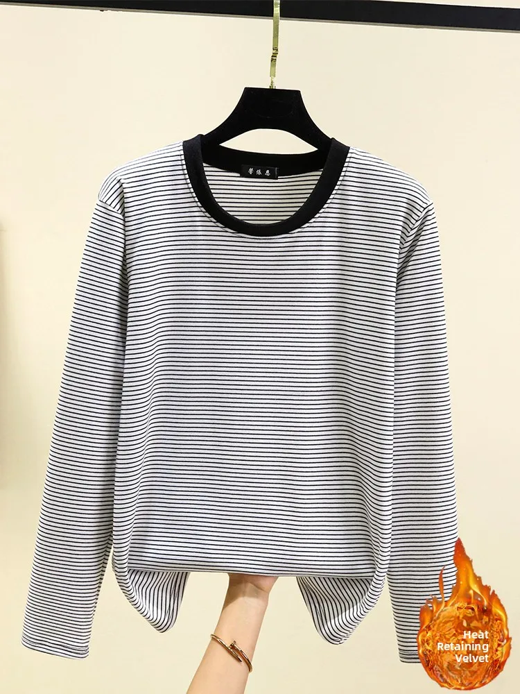 Camiseta térmica a rayas de talla grande para mujer, Base informal, irt, terciopelo de doble cara, para invierno