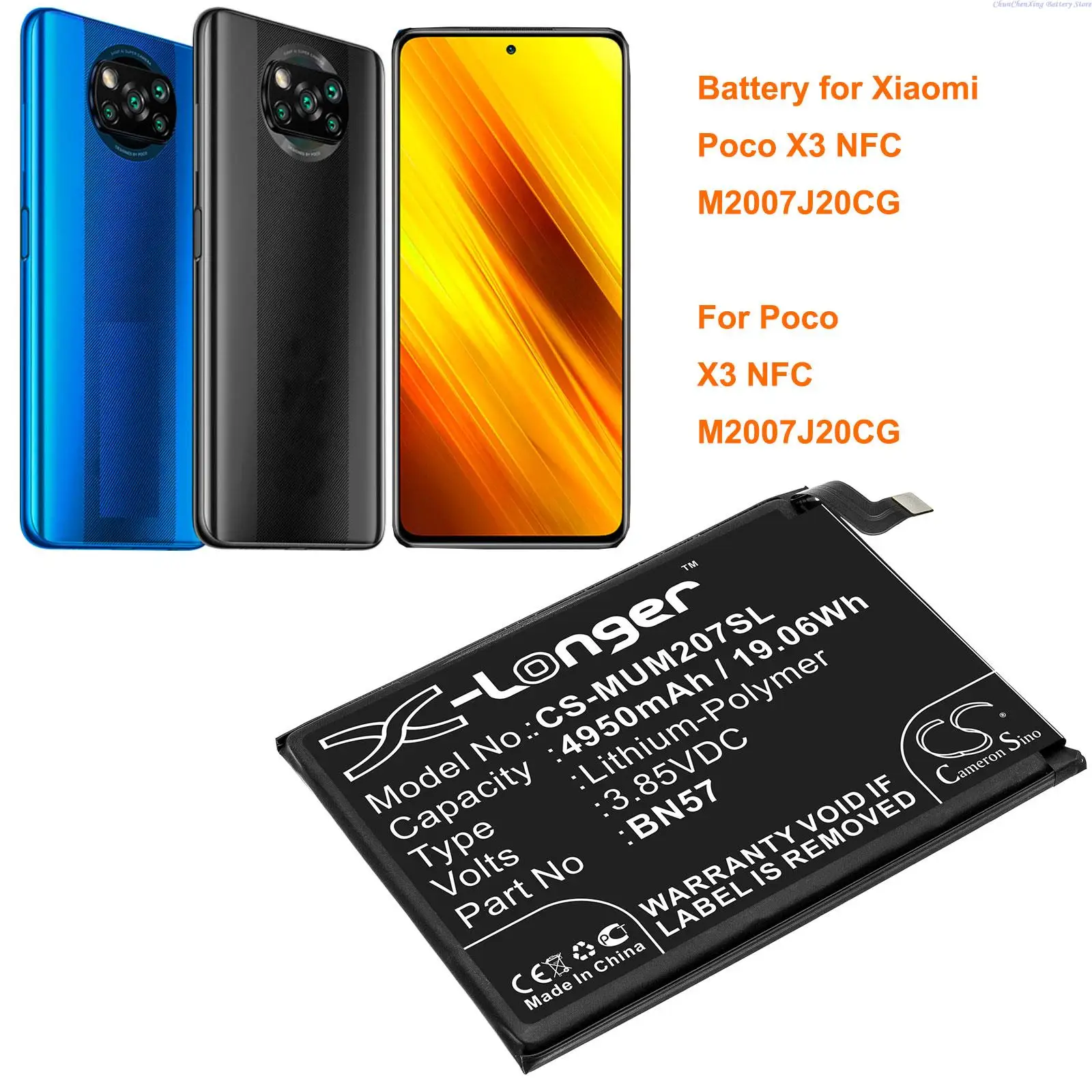 Cameron Sino 4950mAh Mobile phone Battery BN57 for Xiaomi Poco X3 NFC, M2007J20CG, For Poco X3 NFC, M2007J20CG