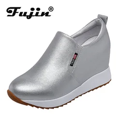 Fujin 7cm mucca vera pelle piattaforma zeppa estate primavera autunno inverno peluche moda Chunky Sneaker scarpe Hollow donne stivali