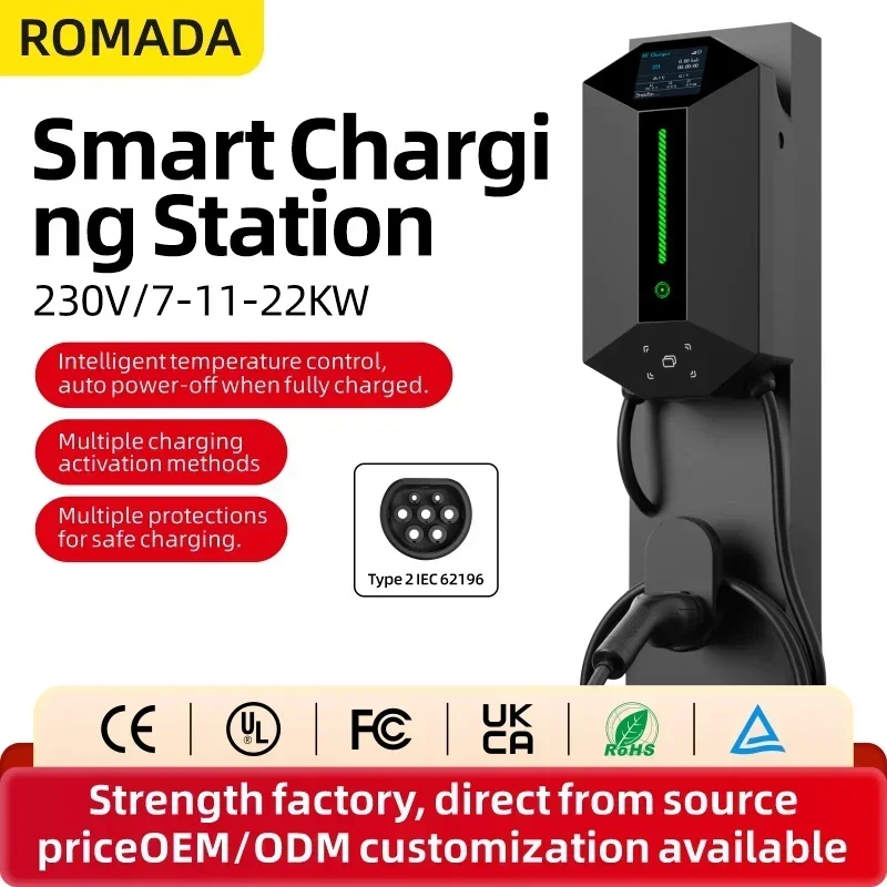 7KW 11KW 22KW ROMADA Home use Intelligent EV Charger Wallbox 32A 16A Type2 Bluetooth RFID Car Charging Station GBT 20234