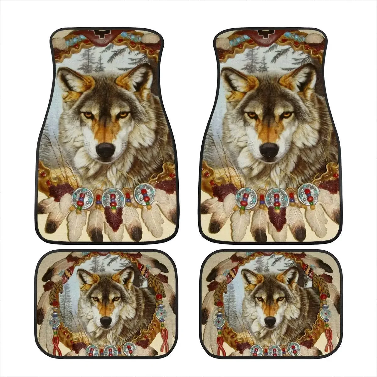 Dream Catcher Tribal Wolf Print Universal Fit Car Floor Mats Carpet 4pc Set Heavy Duty Rubber Backing Floor Mats for Car