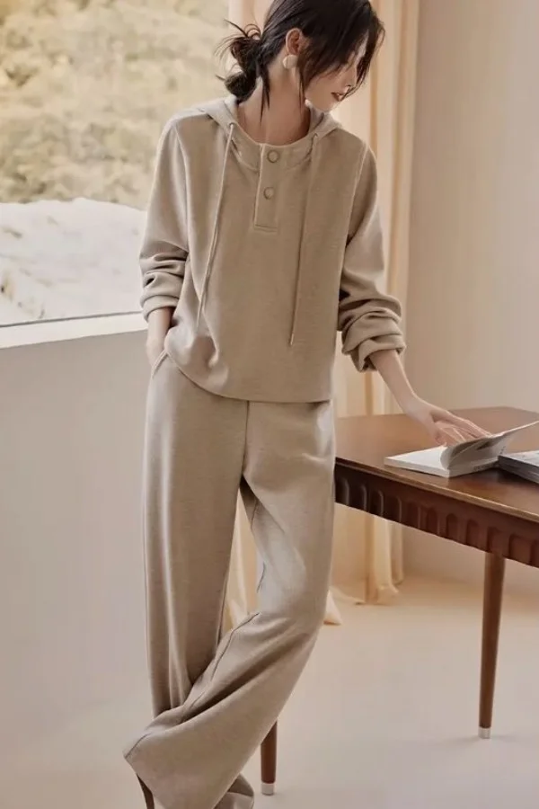 

Женский комплект в стиле Майярд: повседневный вязаный худи с капюшоном и брюки с широкими штанинами для весны и осени