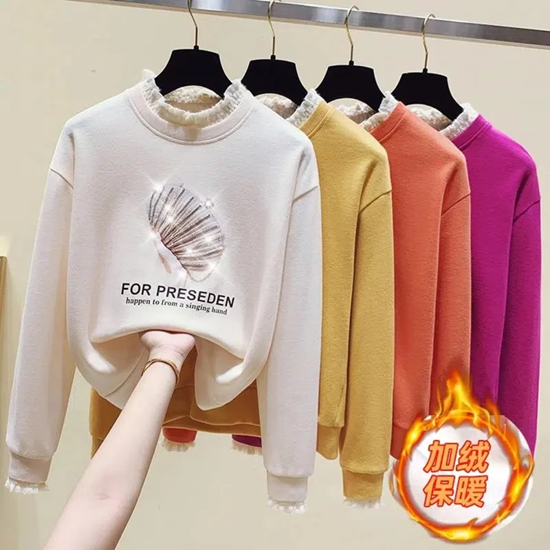 

Woman Sweatshirts Sweet Korean O-neck Knitted Pullovers Thick Autumn Winter Loose Hoodies Solid Womens Clothing