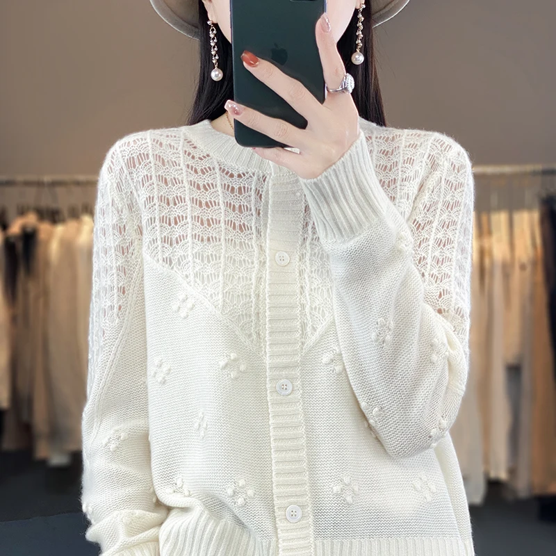 

BELIARST New autumn and winter women's round neck knitted cardigan 100% Merino wool sweater casual long sleeved women's clothing