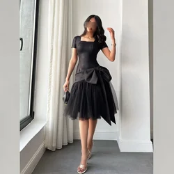 Vestido de ocasión a medida con cuello cuadrado y pliegues drapeados con lazo de Jersey personalizado, vestidos hasta la rodilla