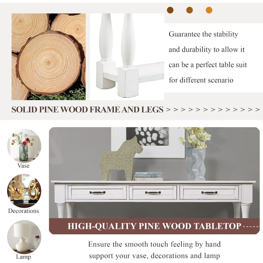 طاولة كونسول طويلة مقاس 63 بوصة مع 3 أدراج ورف سفلي واحد، طاولة أريكة من الخشب الصلب سميكة للغاية للمدخل والممر وغرفة المعيشة