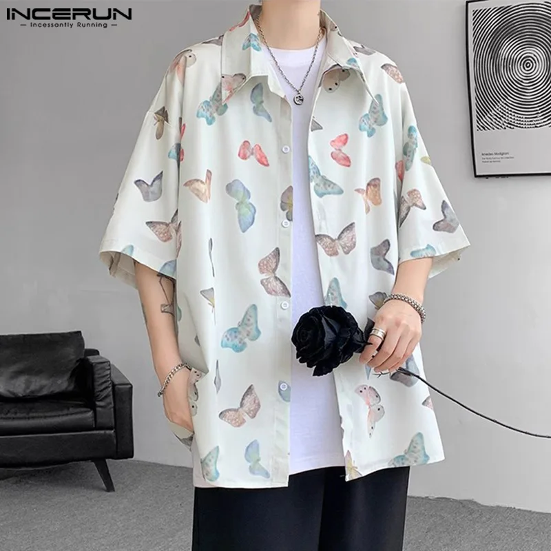 2024 Men Shirt Printing Lapel Short Sleeve Loose Summer Casual Men Clothing Streetwear Korean Vacation Male Shirts S-5XL INCERUN