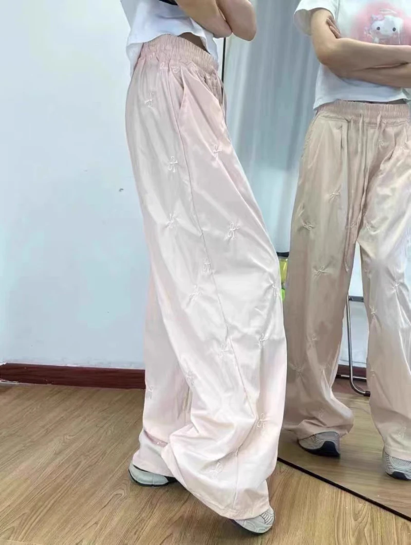 Summer lazy style retro vertical loose casual wide-leg pants women bow embroidery thin mopping pants chic straight trousers