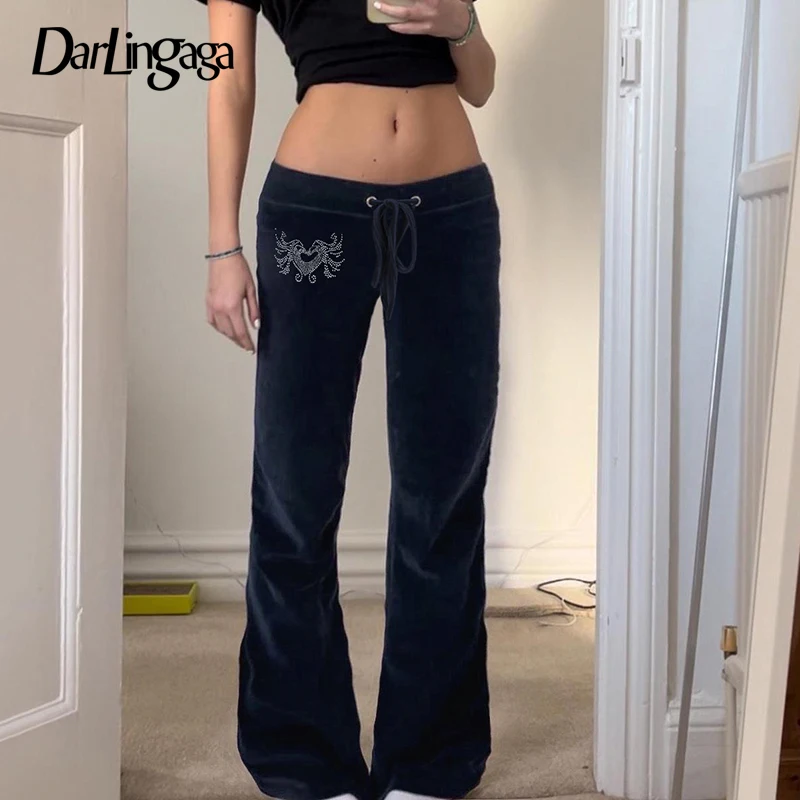 Darlingaga Vintage Low Waist Velvet Women's Pants Harajuku Rhinestone Boot Cut Trousers 2000s Autumn Sweatpants Y2K Bottoms Chic