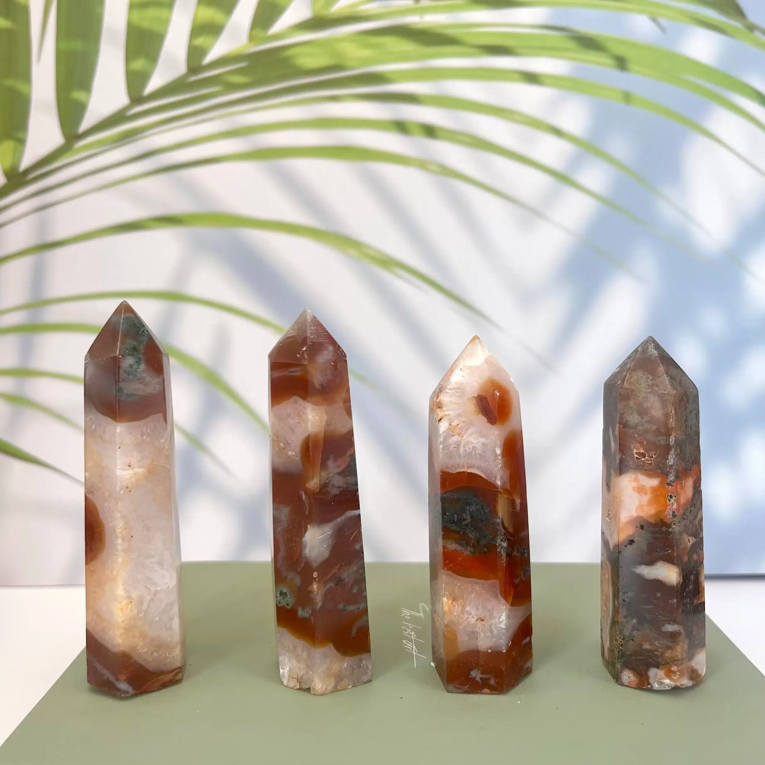 

Natural Quartz Tower Cure Red Moss Agate Crystal Dot Faceted Prism Wand Energy Ore Mineral Home 1PC