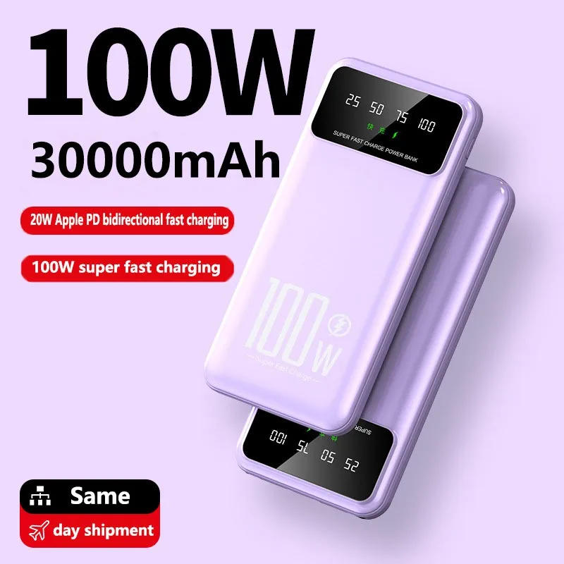30000mah high-capacity portable power bank 100W ultra-fast charging digital display for iPhone Samsung with LED light